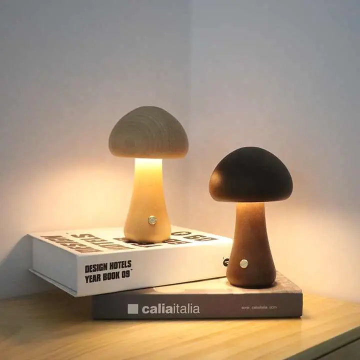 Wooden Mushroom LED Night Light - Rechargeable & Portable